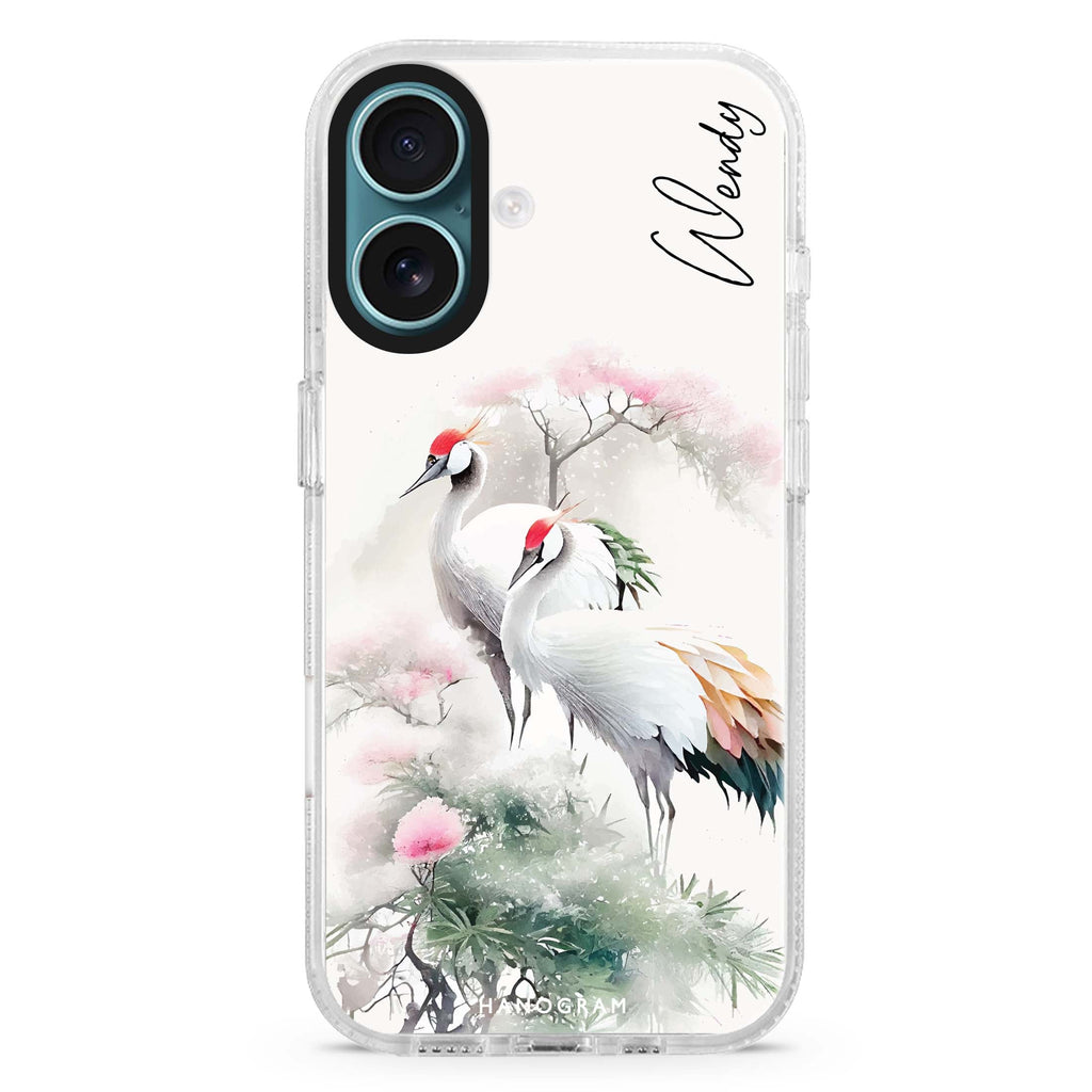 Pines & cranes Style 2 custom name iPhone 16 and 16 Plus ultra clear case, transparent graphic artwork, front product view