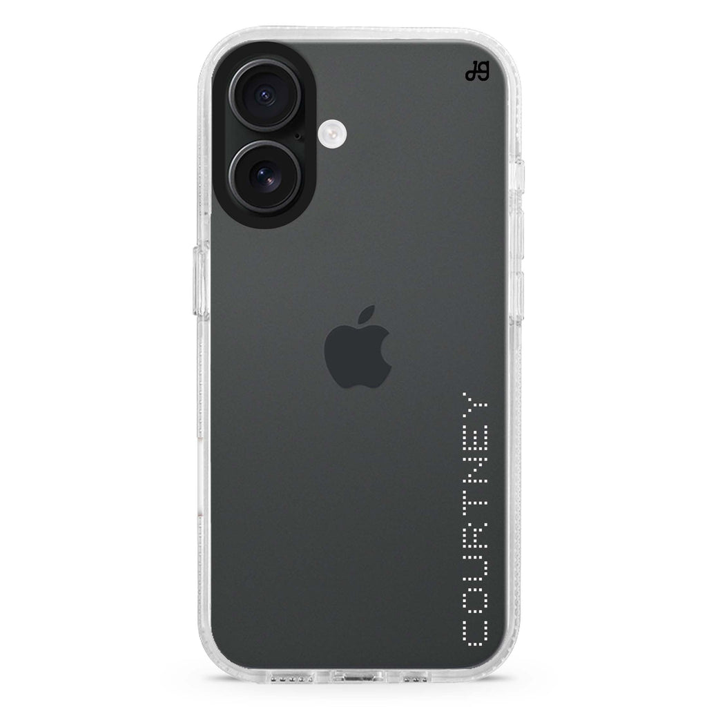 Digital Name Style 2 custom name iPhone 16 and 16 Plus ultra clear case, transparent name artwork, front product view