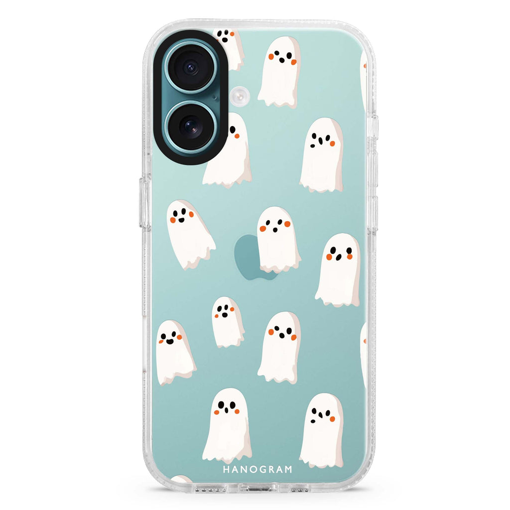 Midnight Ghosties iPhone 16 and 16 Plus ultra clear case, transparent celestial artwork, front product view