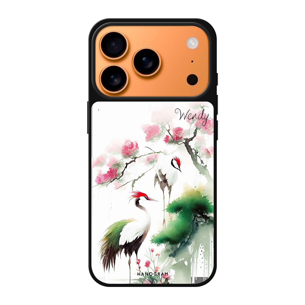 Pines & cranes #2 personalized name bird tree animal nature iPhone 17 Pro Max mirror case