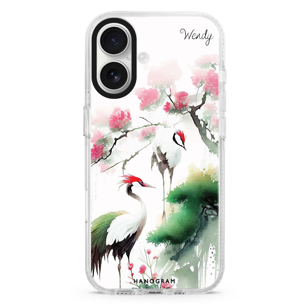 Pines & cranes custom name iPhone 16 and 16 Plus ultra clear case, transparent graphic artwork, front product view