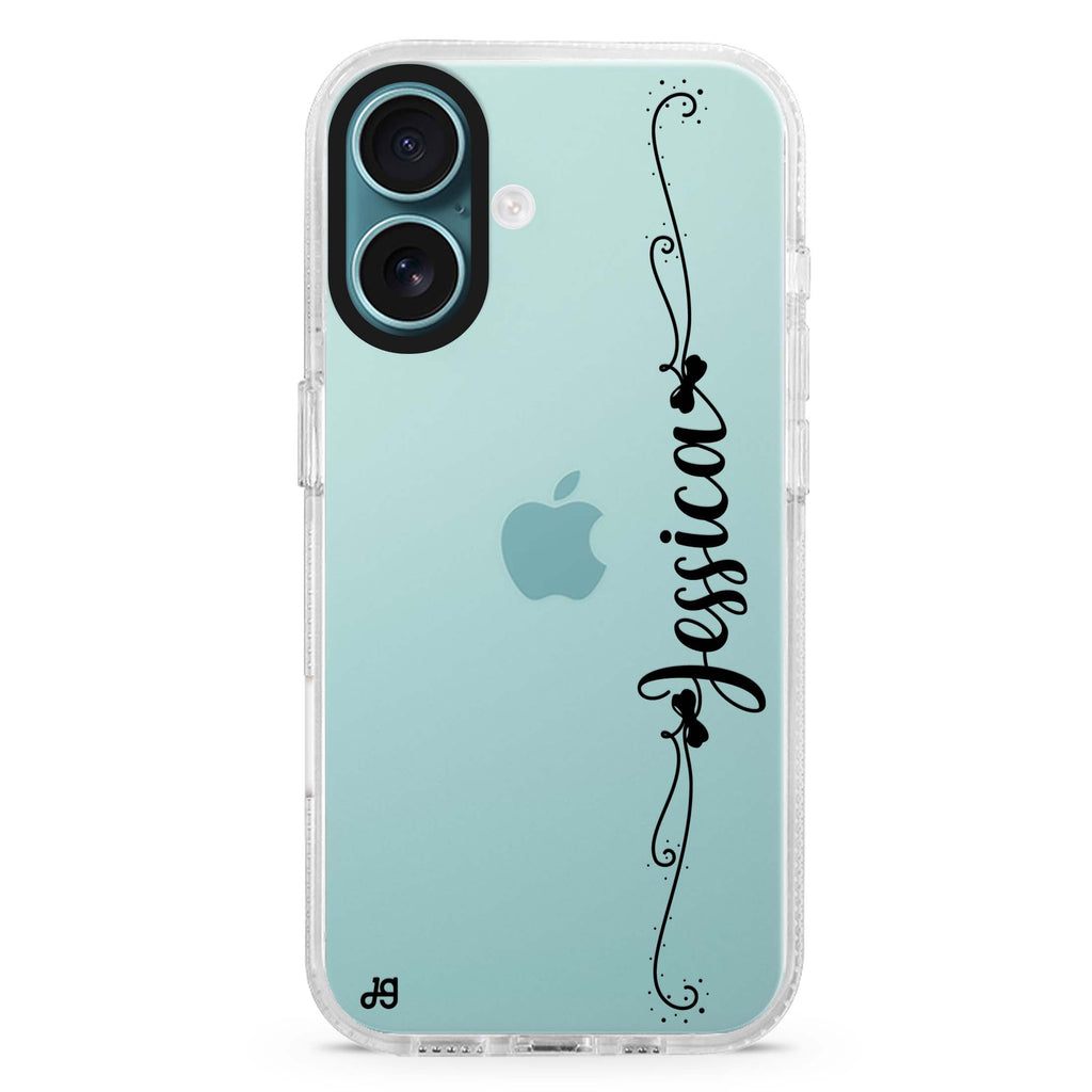 Custom Style 2 custom name iPhone 16 and 16 Plus ultra clear case, transparent name artwork, front product view