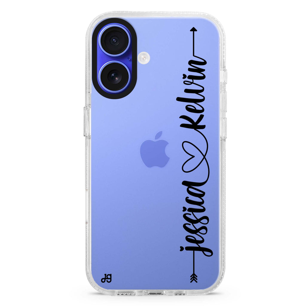 Custom Style 5 custom name iPhone 16 and 16 Plus ultra clear case, transparent name artwork, front product view