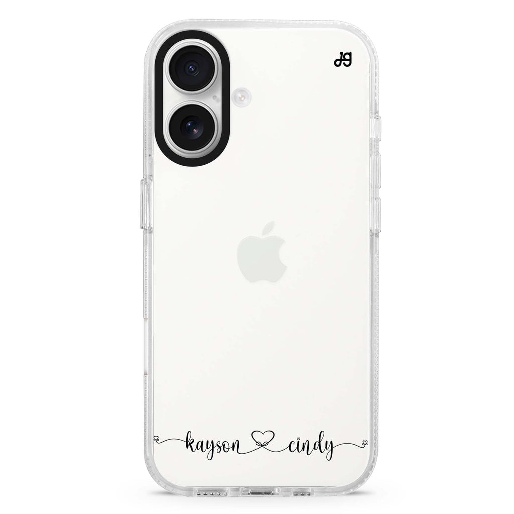 Custom Style 6 custom name iPhone 16 and 16 Plus ultra clear case, transparent name artwork, front product view