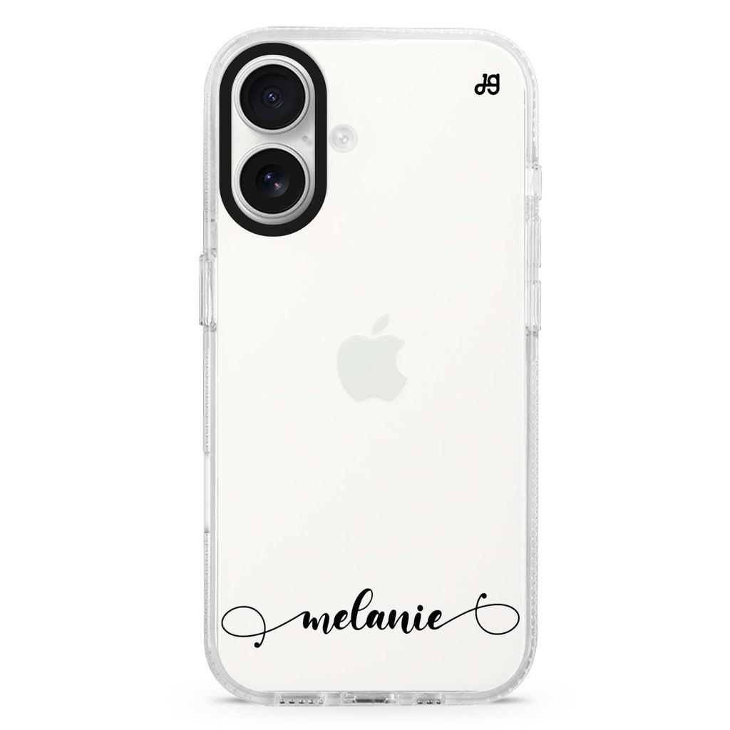 Custom custom name iPhone 16 and 16 Plus ultra clear case, transparent name artwork, front product view