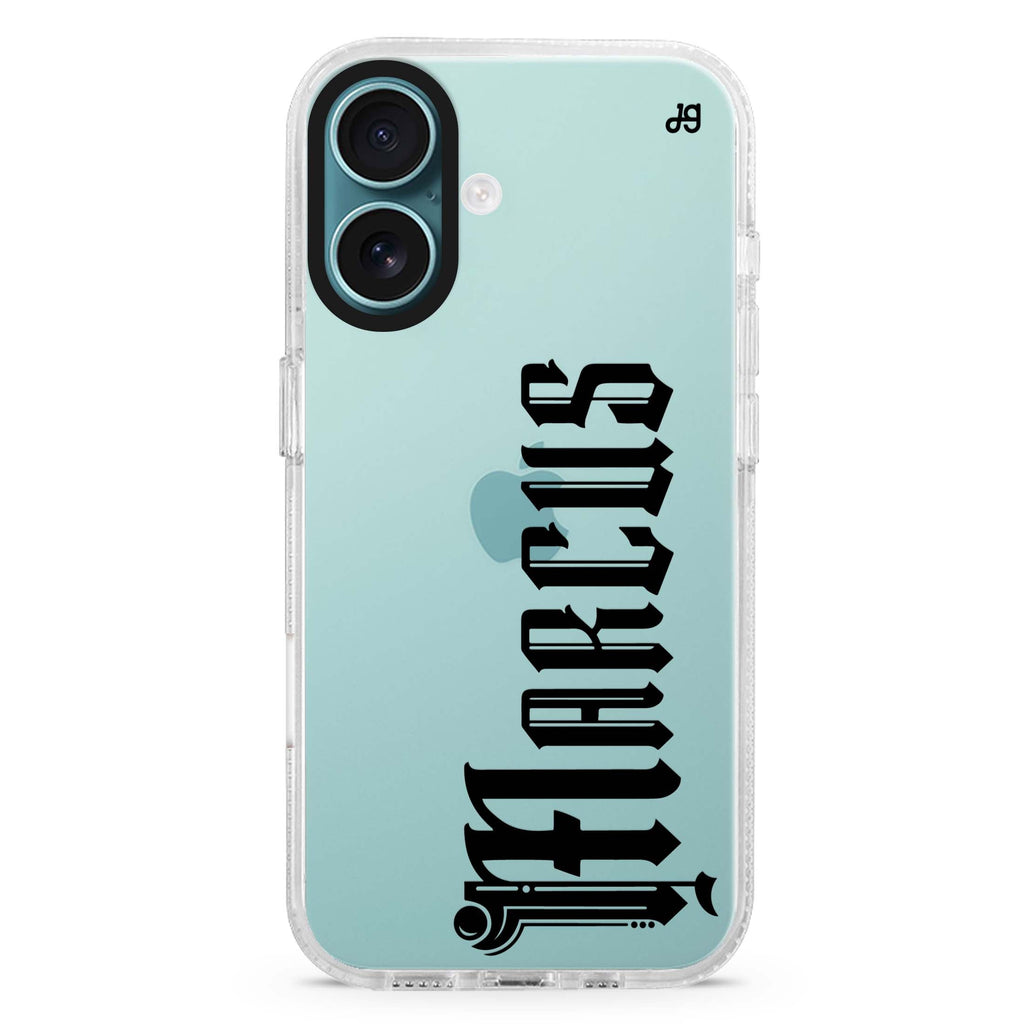 Custom Style 4 custom name iPhone 16 and 16 Plus ultra clear case, transparent name artwork, front product view