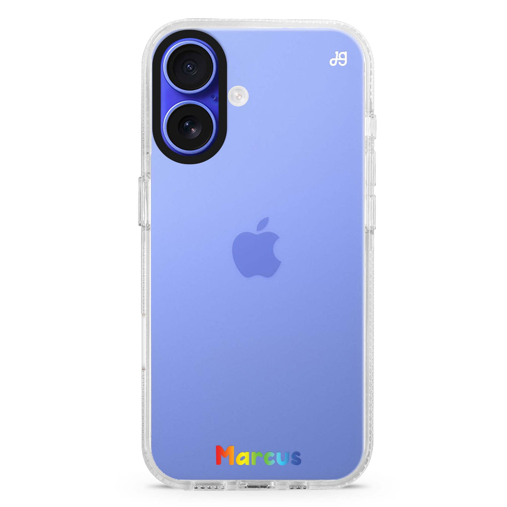 Custom Style 3 custom name iPhone 16 and 16 Plus ultra clear case, transparent name artwork, front product view