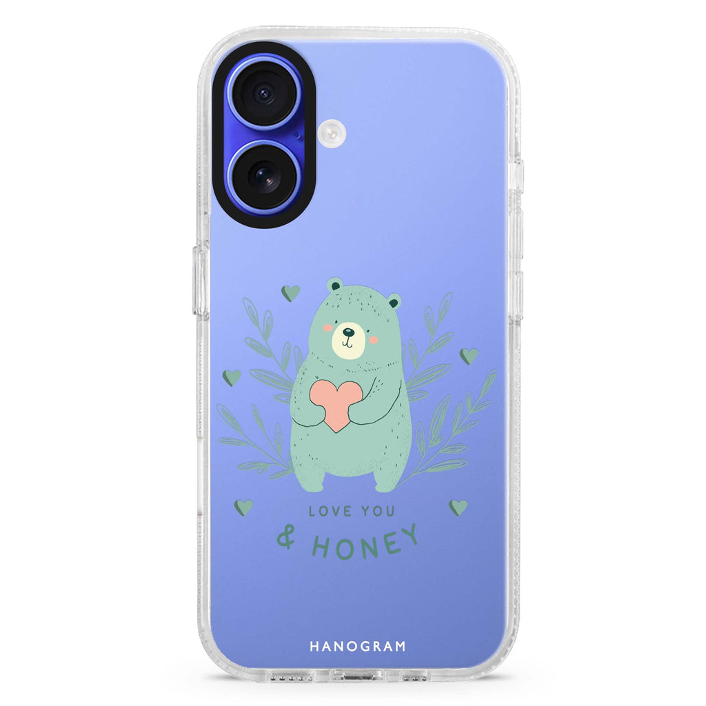 Honey Bear iPhone 16 and 16 Plus ultra clear case, transparent animal artwork, front product view