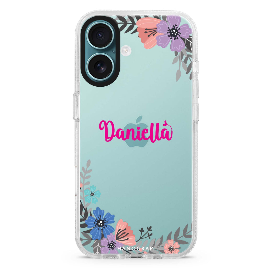 Blossom Bliss custom name iPhone 16 and 16 Plus ultra clear case, transparent floral artwork, front product view