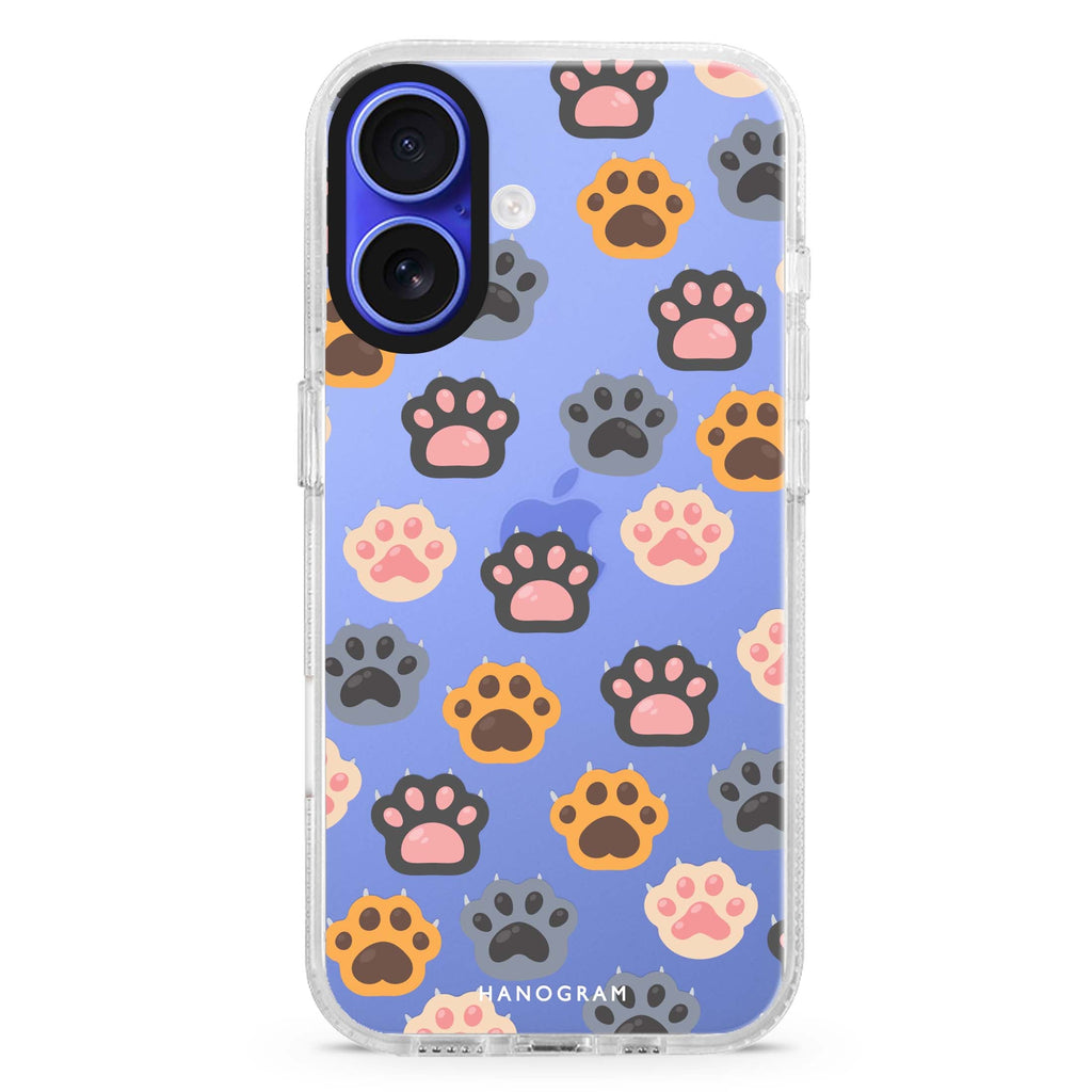 Paws & Pads iPhone 16 and 16 Plus ultra clear case, transparent graphic artwork, front product view