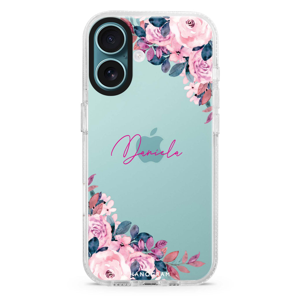 Blossom Breeze custom name iPhone 16 and 16 Plus ultra clear case, transparent floral artwork, front product view
