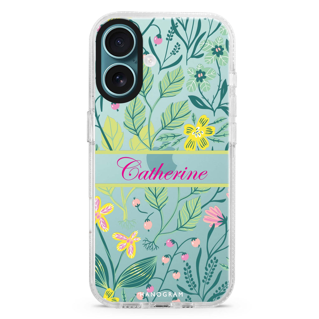 Fleur Fusion custom name iPhone 16 and 16 Plus ultra clear case, transparent graphic artwork, front product view