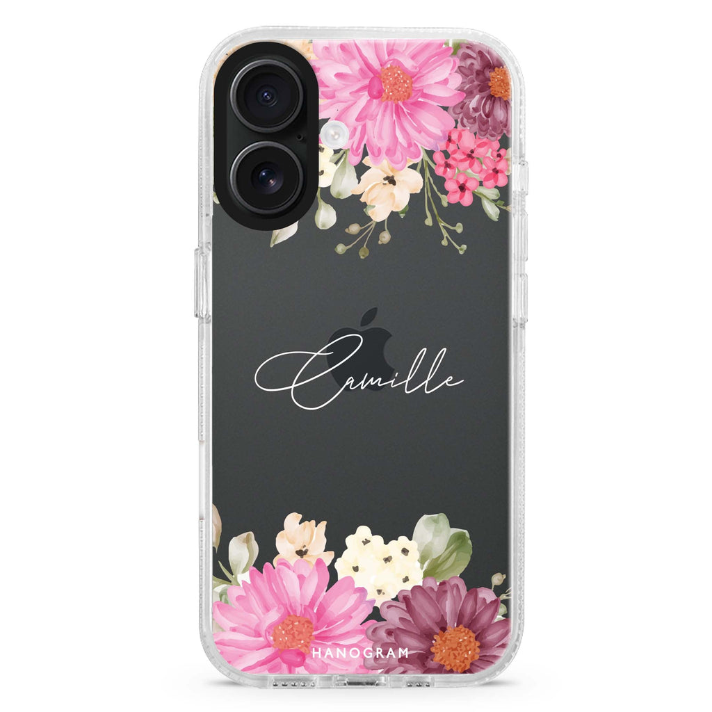 Blooms Bounty custom name iPhone 16 and 16 Plus ultra clear case, transparent graphic artwork, front product view