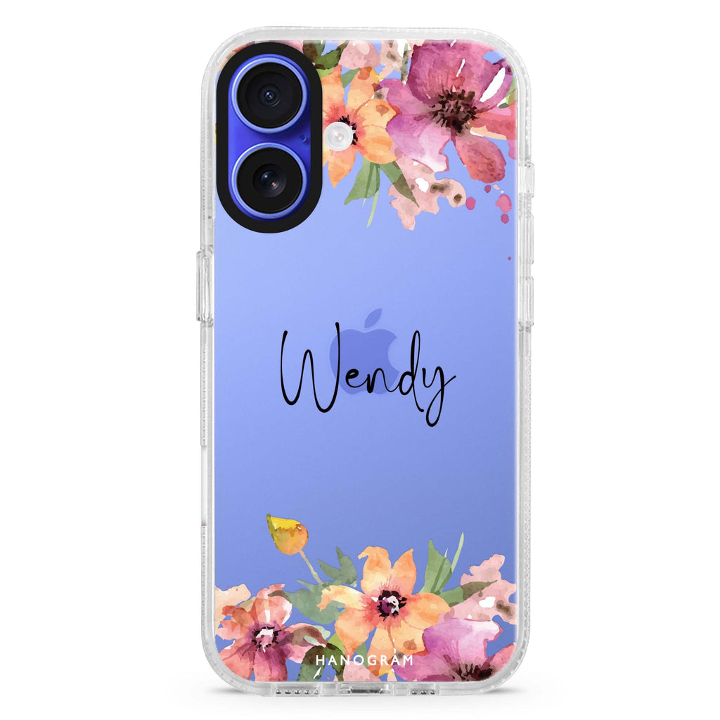 Garden Glow custom name iPhone 16 and 16 Plus ultra clear case, transparent floral artwork, front product view