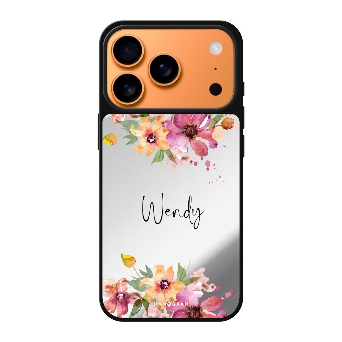 Garden Glow personalized Mirror Case from Hanogram shown on an iPhone 17 Pro Max
