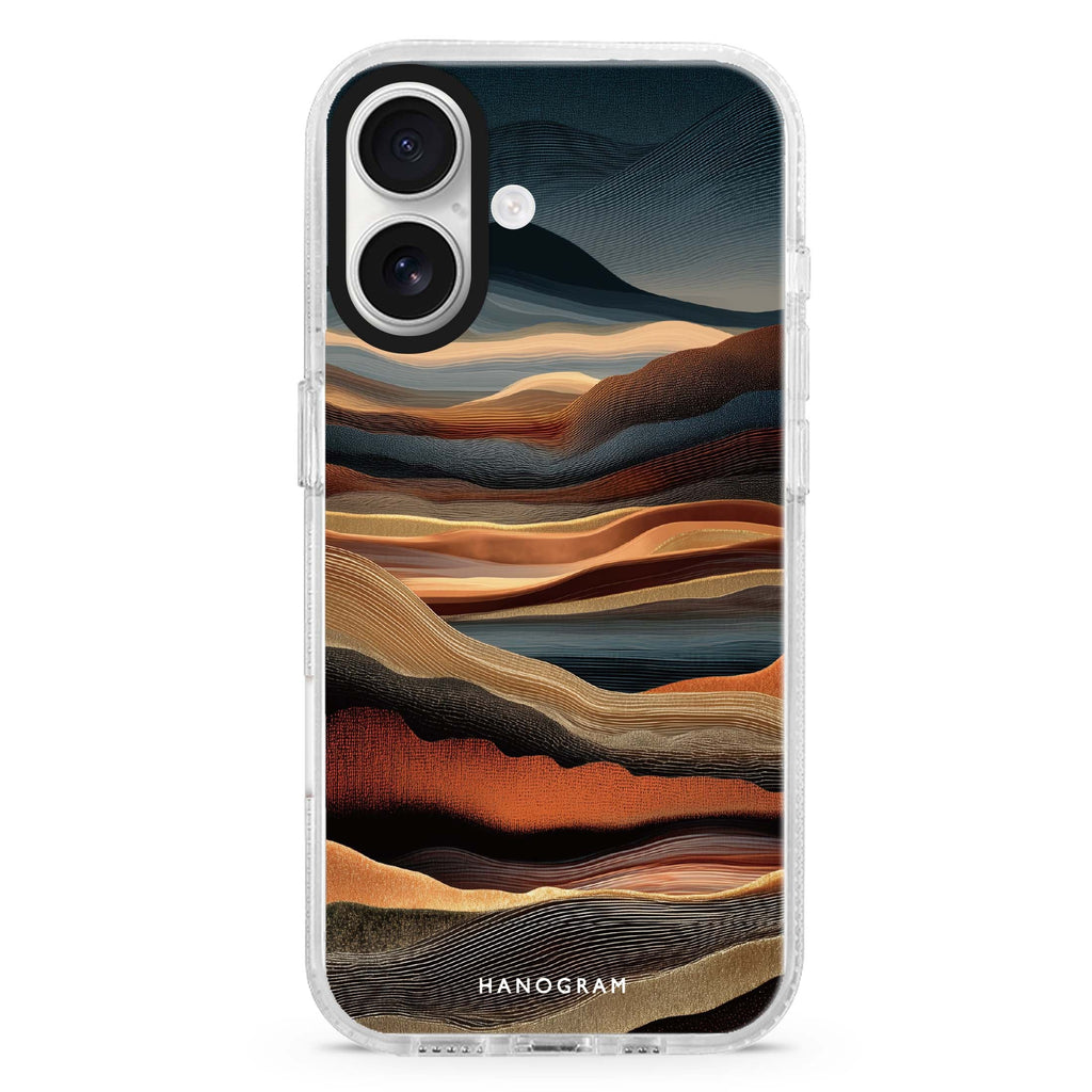 Ancestral Circuit iPhone 16 and 16 Plus ultra clear case, transparent graphic artwork, front product view