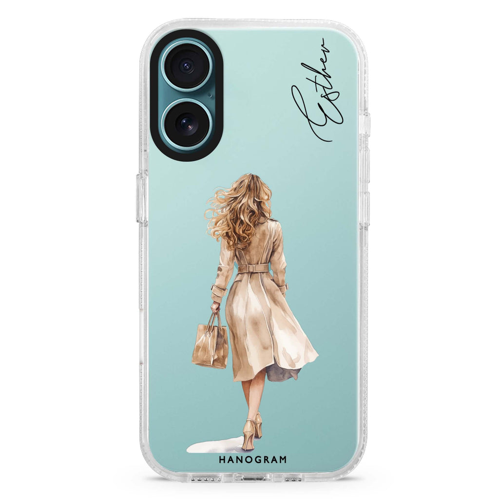 Trench Walk custom name iPhone 16 and 16 Plus ultra clear case, transparent graphic artwork, front product view