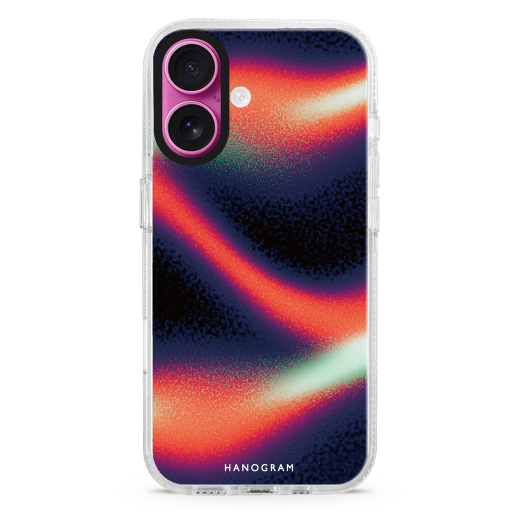 Neon Drift iPhone 16 and 16 Plus ultra clear case, transparent graphic artwork, front product view