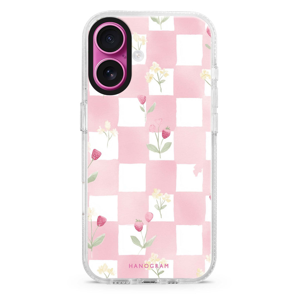 Strawberry Mist iPhone 16 and 16 Plus ultra clear case, transparent fruit artwork, front product view