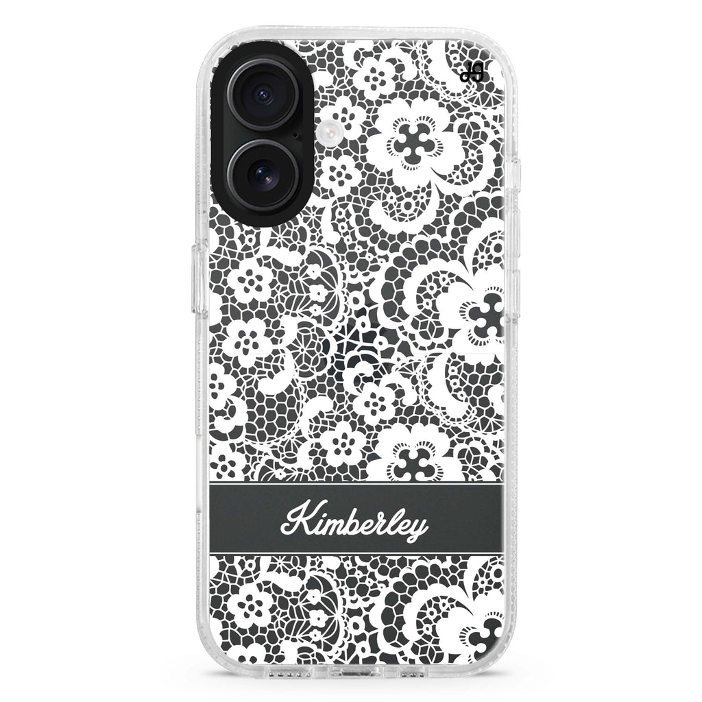 My Lace custom name iPhone 16 and 16 Plus ultra clear case, transparent graphic artwork, front product view