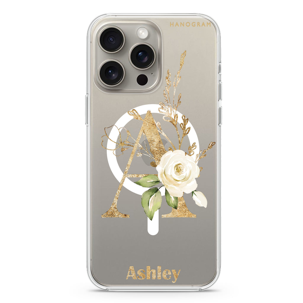 Golden Floral Monogram iPhone 15 Pro Max MagSafe Compatible Ultra Clear Case