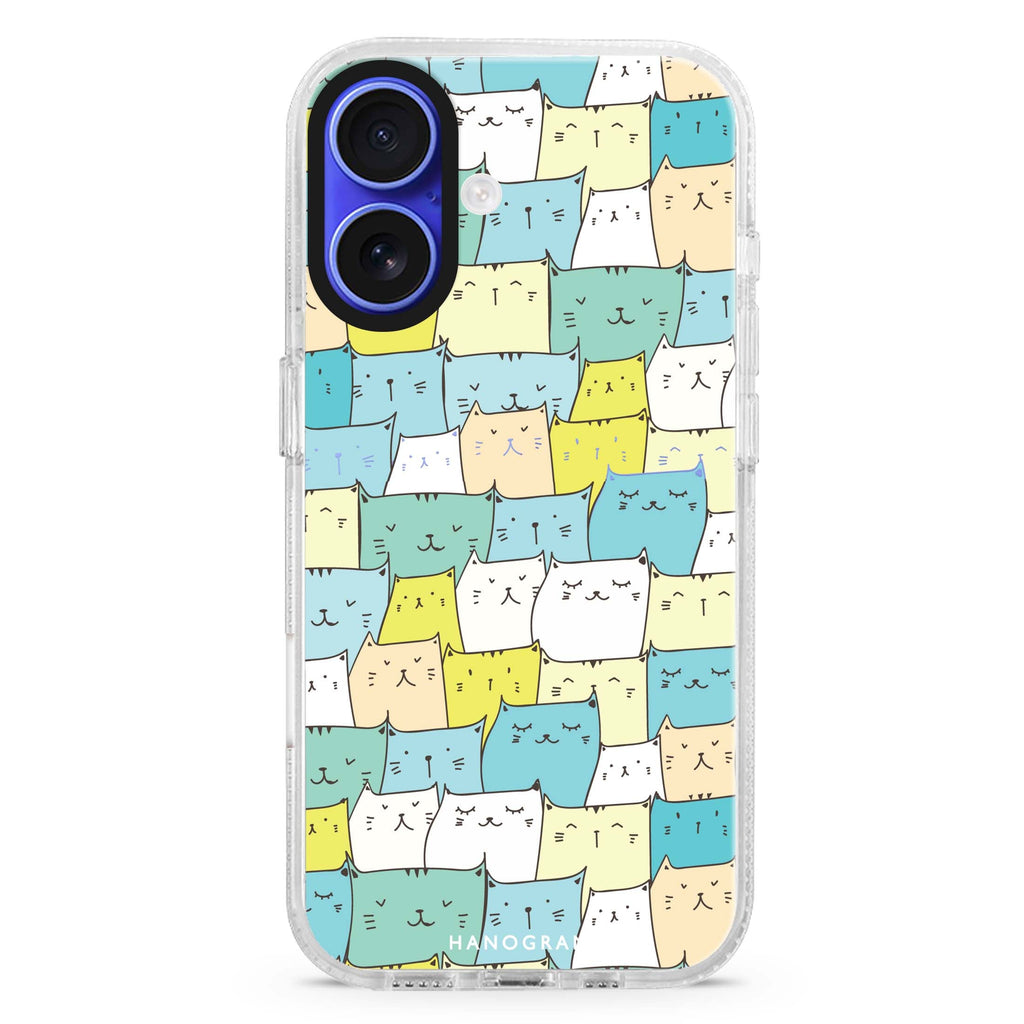 Kitty Chirps iPhone 16 and 16 Plus ultra clear case, transparent cat artwork, front product view