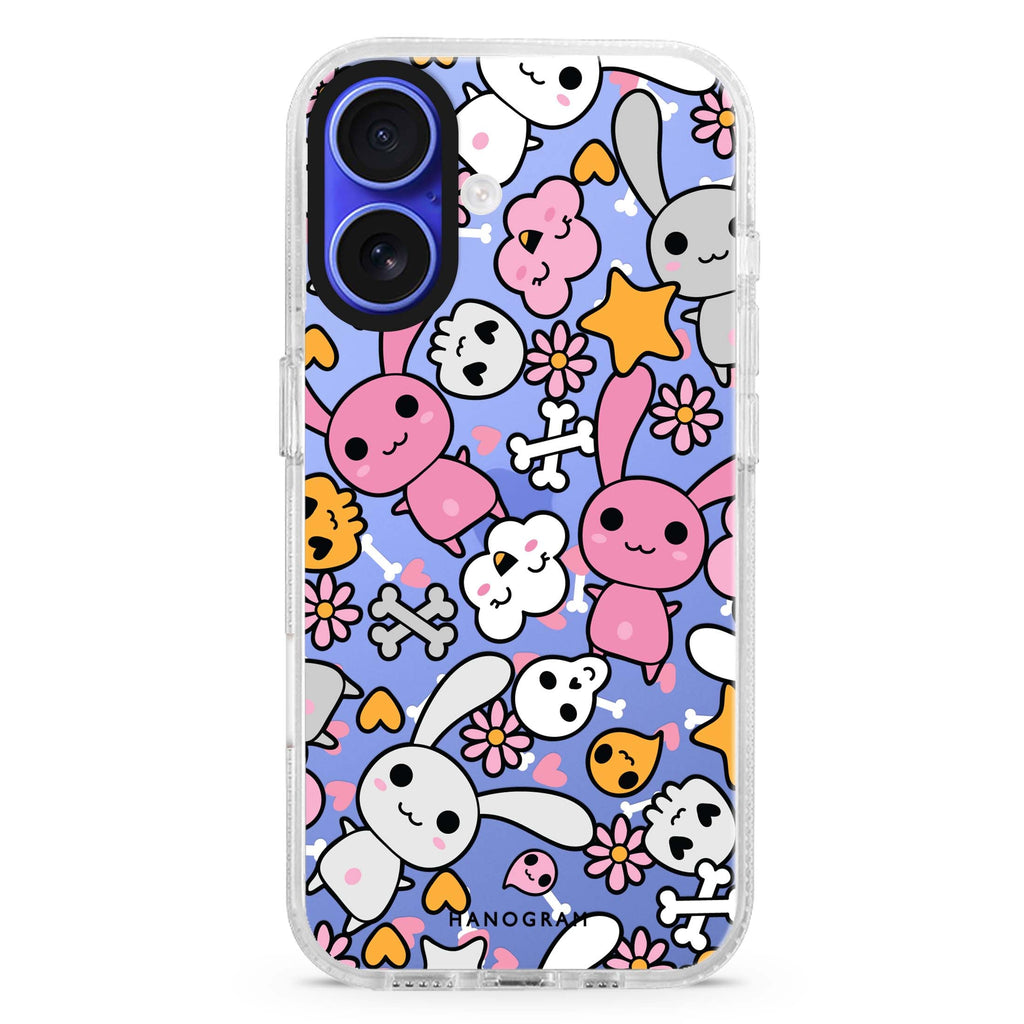 Bunny Doodles iPhone 16 and 16 Plus ultra clear case, transparent artistic artwork, front product view