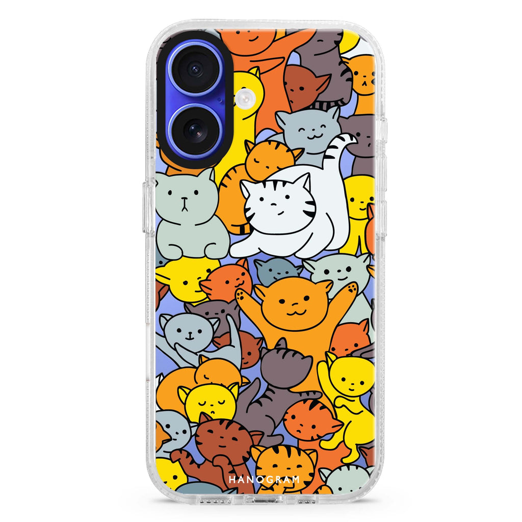 Meow Mates iPhone 16 and 16 Plus ultra clear case, transparent cat artwork, front product view