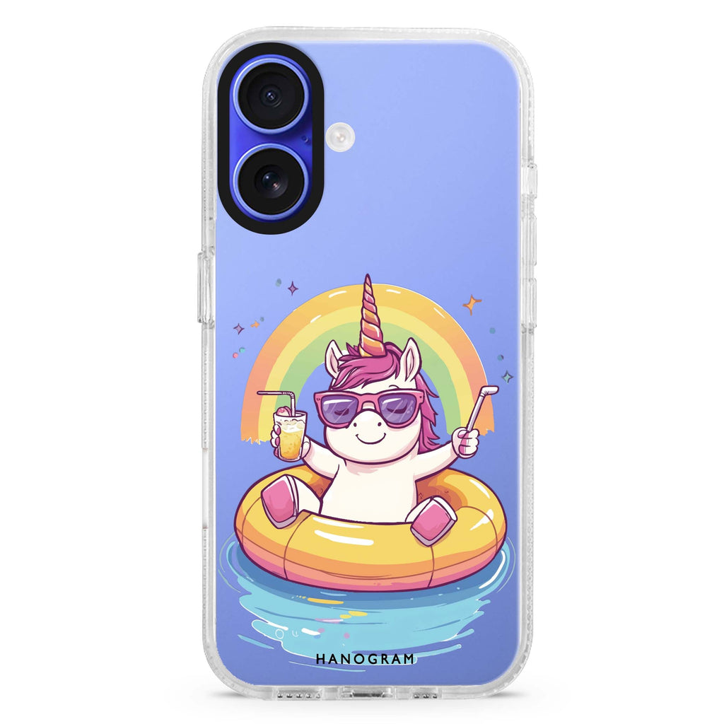 Floaticorn iPhone 16 and 16 Plus ultra clear case, transparent graphic artwork, front product view