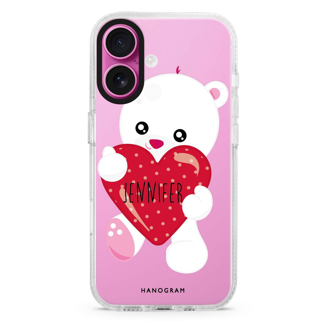 Lovely Bear custom name iPhone 16 and 16 Plus ultra clear case, transparent romantic artwork, front product view