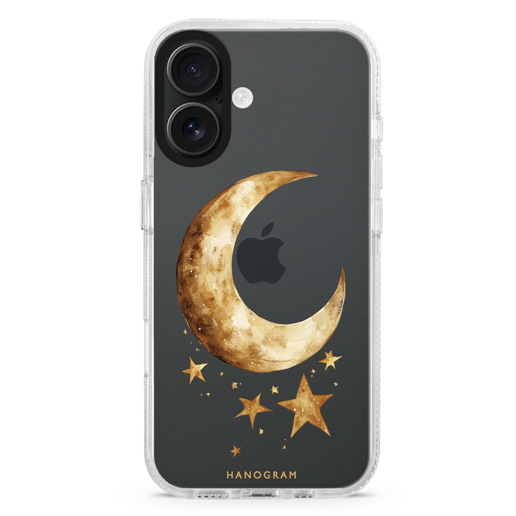 Moonlit Enchantment iPhone 16 and 16 Plus ultra clear case, transparent celestial artwork, front product view