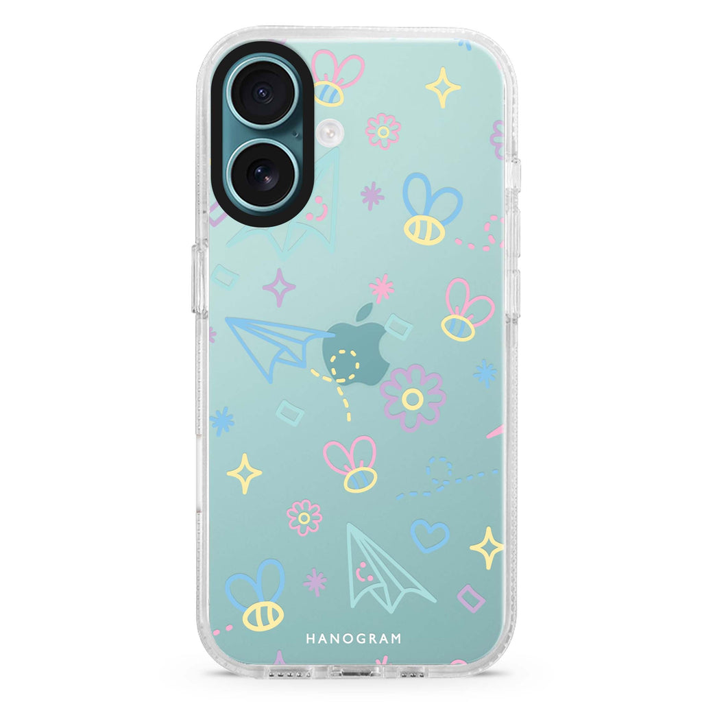 Playful Patterns iPhone 16 and 16 Plus ultra clear case, transparent abstract pattern, front product view