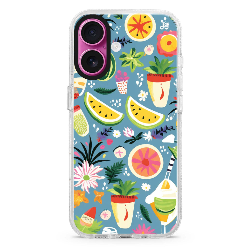 Tropical Treats iPhone 16 and 16 Plus ultra clear case, transparent graphic artwork, front product view