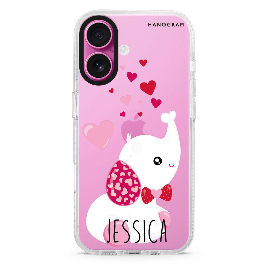 Lovely Elephant custom name iPhone 16 and 16 Plus ultra clear case, transparent romantic artwork, front product view