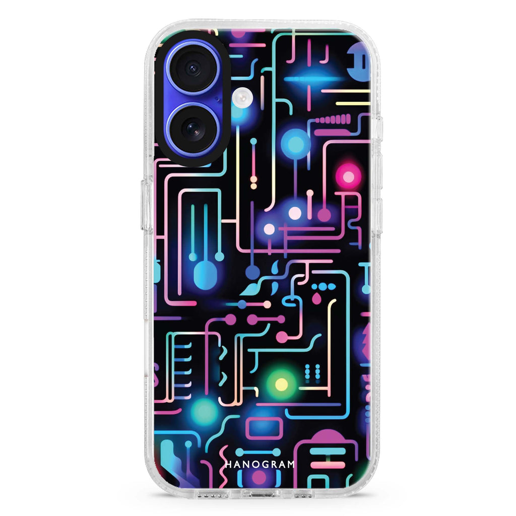 Glow Spectrum iPhone 16 and 16 Plus ultra clear case, transparent graphic artwork, front product view
