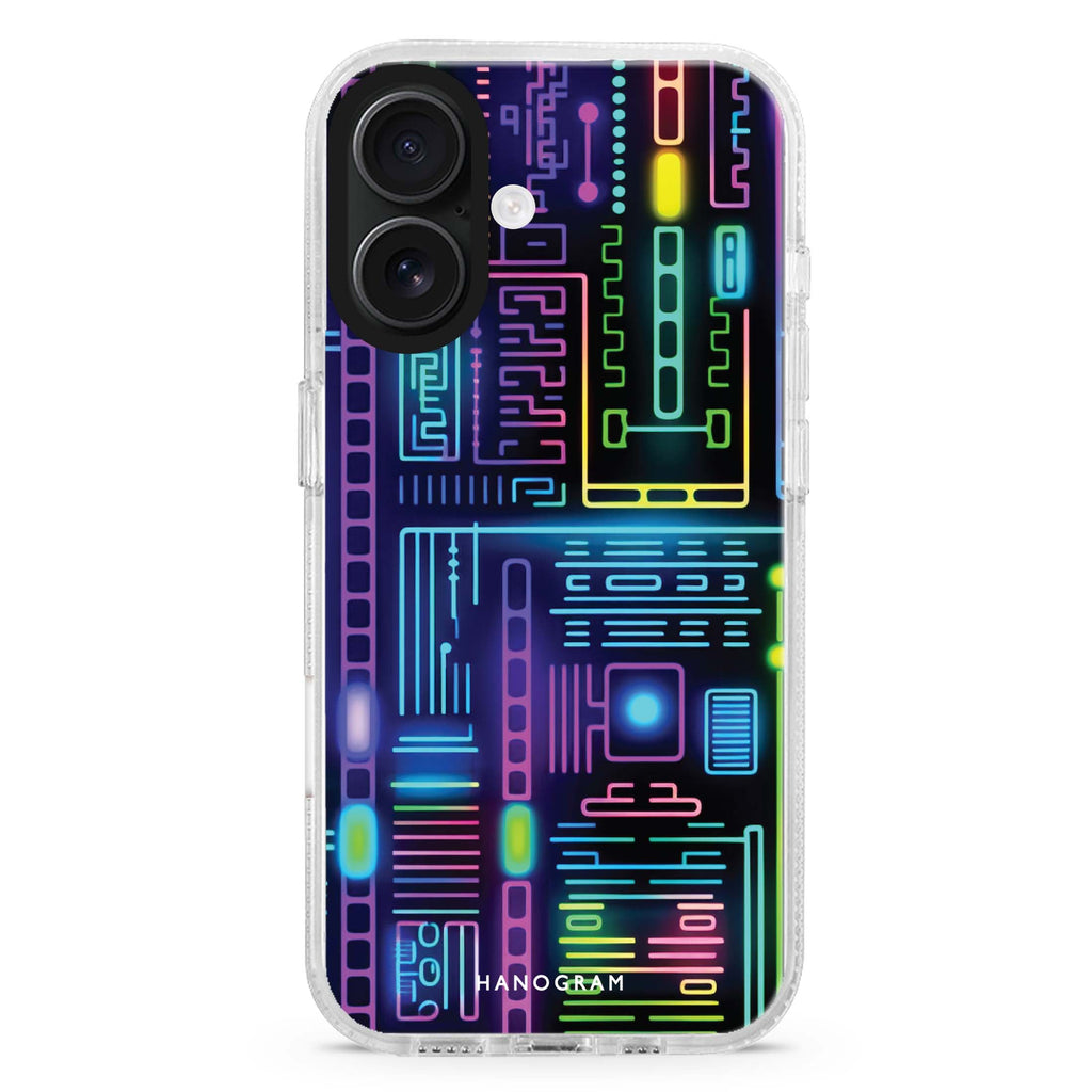 Neon Nova iPhone 16 and 16 Plus ultra clear case, transparent graphic artwork, front product view