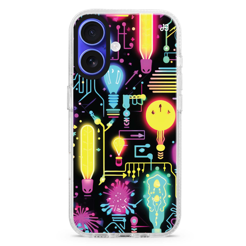 Neon Cascade iPhone 16 and 16 Plus ultra clear case, transparent graphic artwork, front product view
