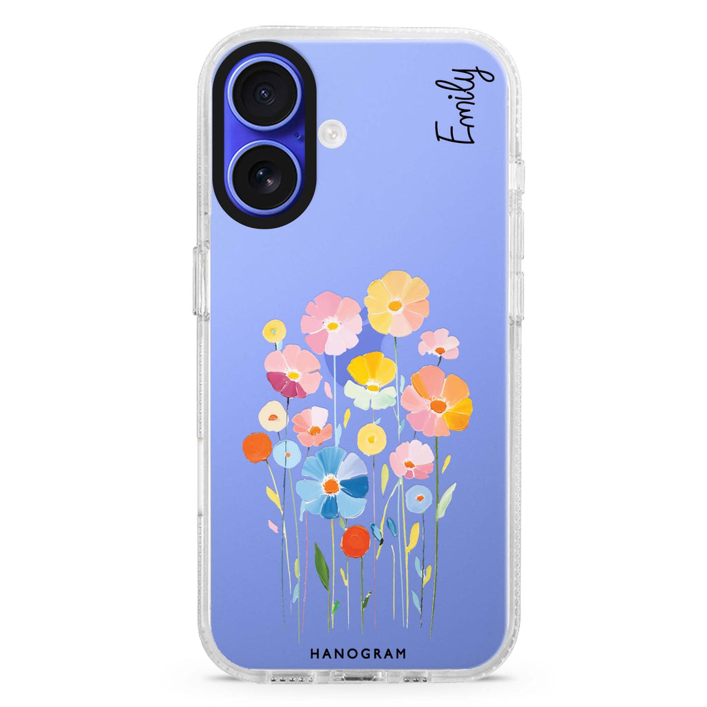 Floral Elegance custom name iPhone 16 and 16 Plus ultra clear case, transparent floral artwork, front product view