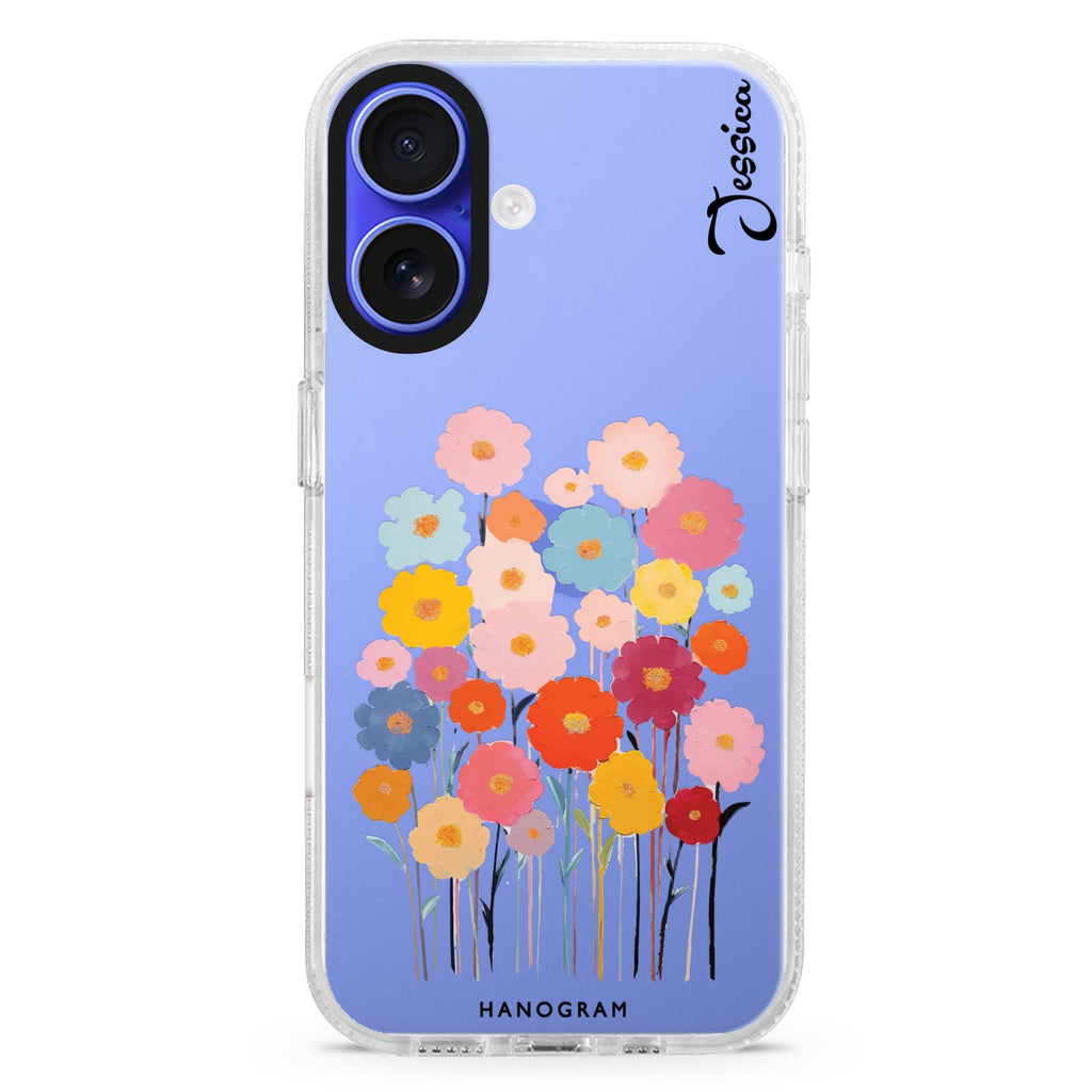 Garden Blooms custom name iPhone 16 and 16 Plus ultra clear case, transparent floral artwork, front product view