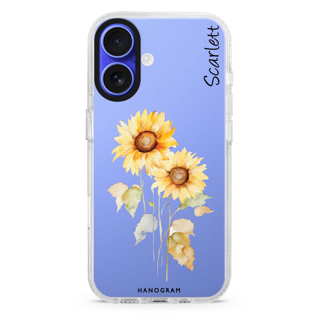 Sunny Blooms custom name iPhone 16 and 16 Plus ultra clear case, transparent celestial artwork, front product view