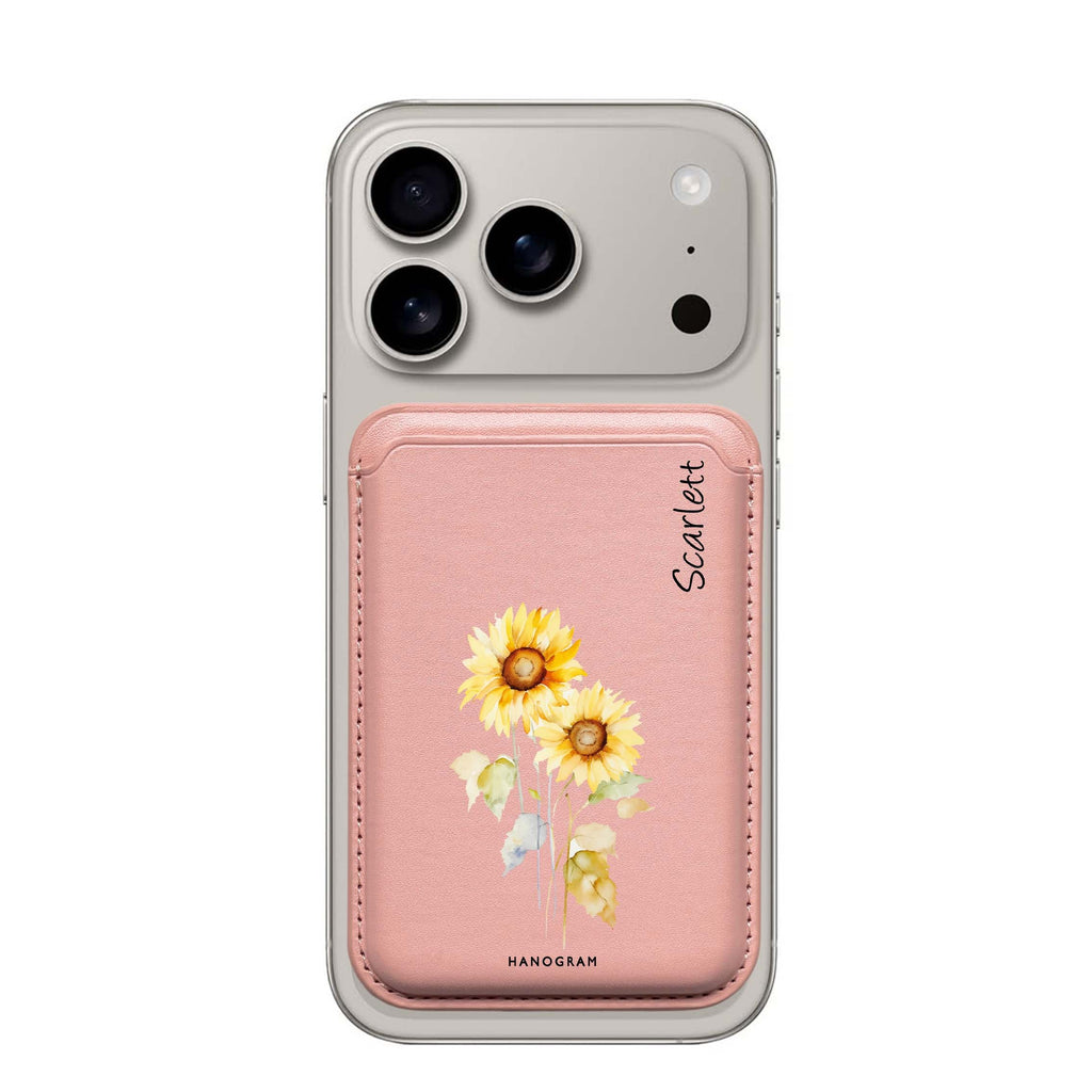 Sunny Blooms custom name MagSafe wallet for iPhone, personalized magnetic card holder, main view