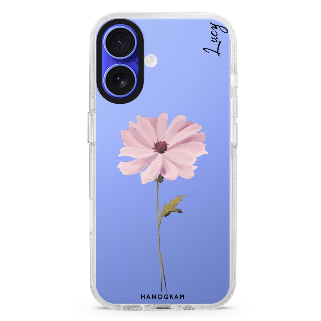 Garden Serenity custom name iPhone 16 and 16 Plus ultra clear case, transparent floral artwork, front product view