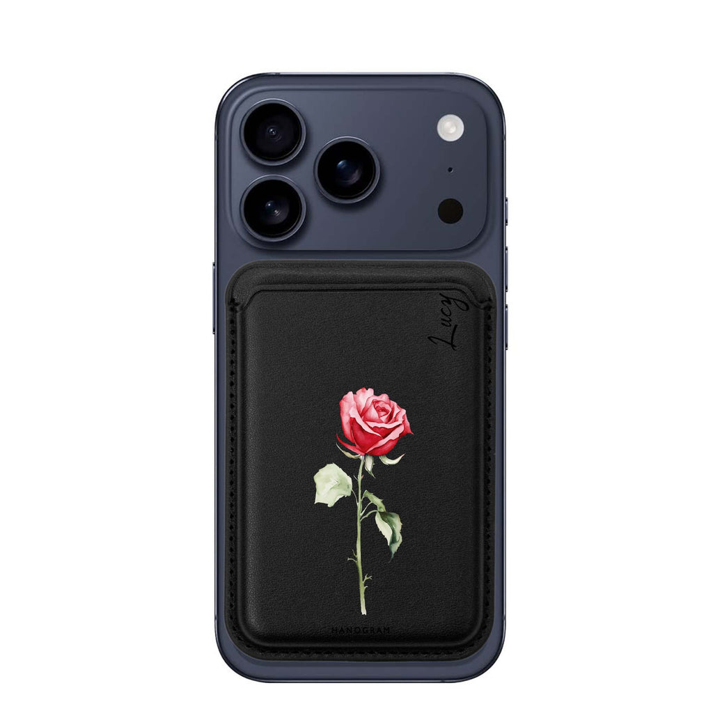 Rose Radiance custom name MagSafe wallet for iPhone, personalized magnetic card holder, main view