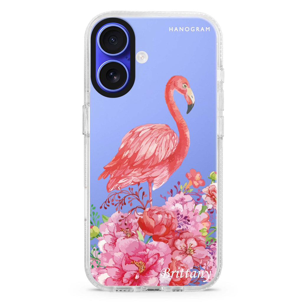 Flamingo & Flower custom name iPhone 16 and 16 Plus ultra clear case, transparent floral artwork, front product view