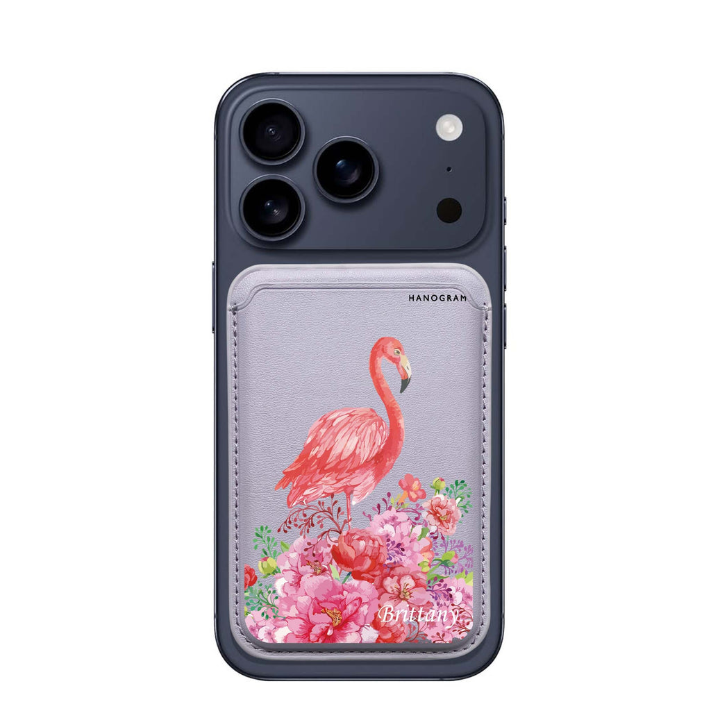 Flamingo & Flower custom name MagSafe wallet for iPhone, personalized magnetic card holder, main view