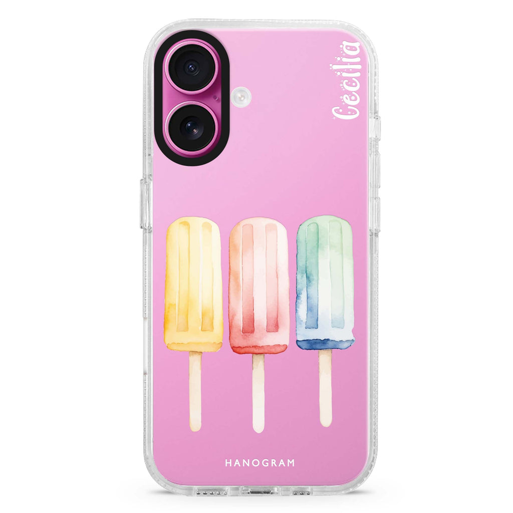 Popsicle Passion custom name iPhone 16 and 16 Plus ultra clear case, transparent graphic artwork, front product view