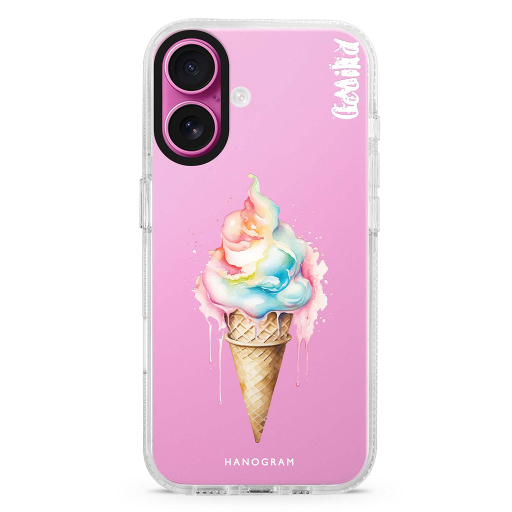 Frozen Bliss custom name iPhone 16 and 16 Plus ultra clear case, transparent graphic artwork, front product view