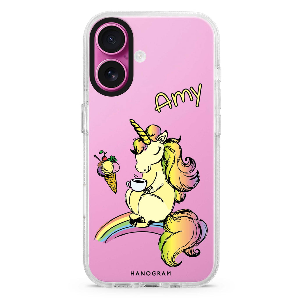 Cute Unicorn custom name iPhone 16 and 16 Plus ultra clear case, transparent graphic artwork, front product view