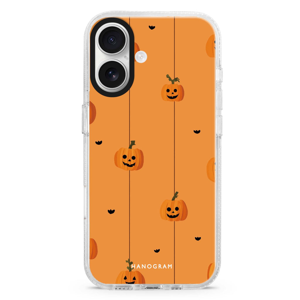 Pumpkin Garland Glow iPhone 16 and 16 Plus ultra clear case, transparent graphic artwork, front product view