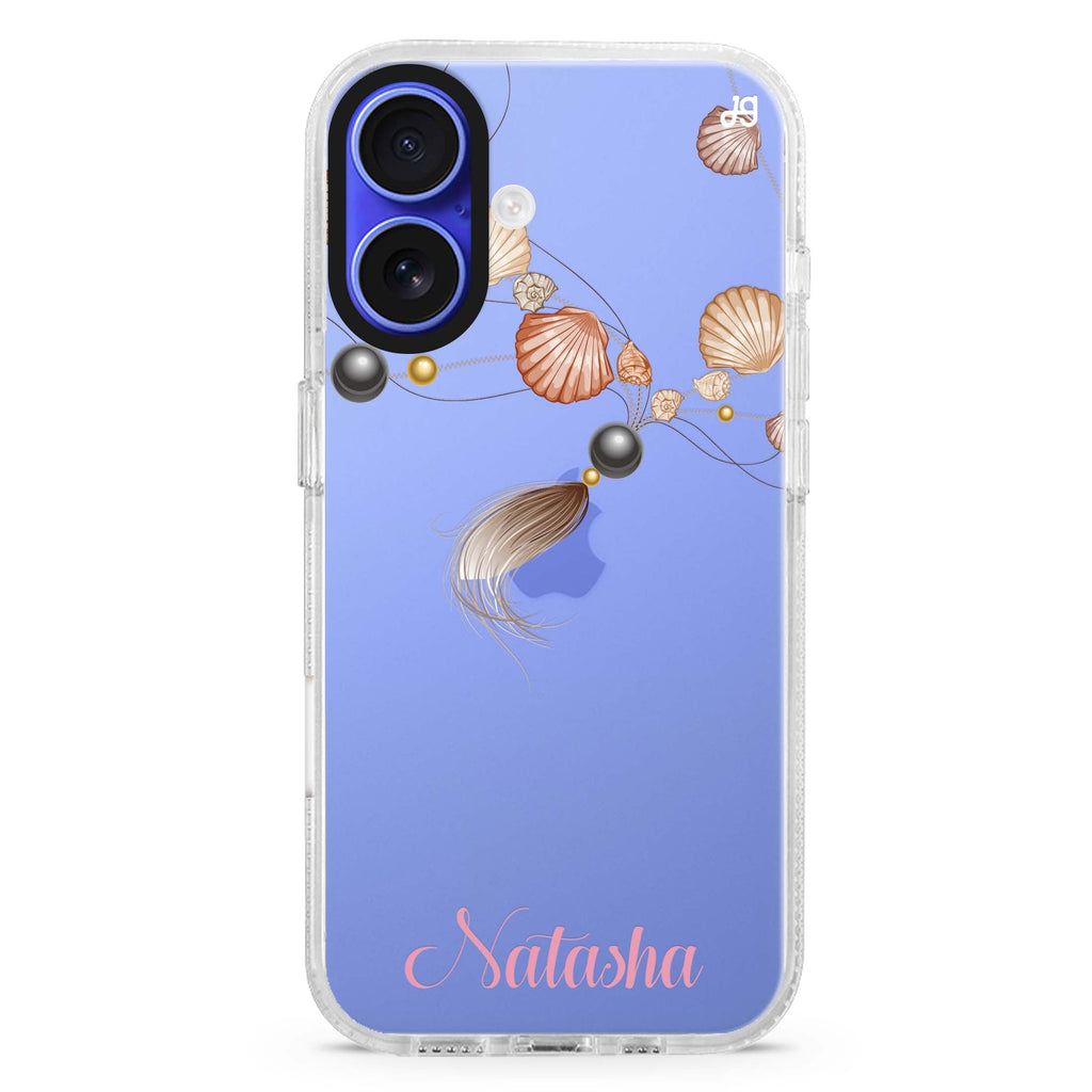 Connection of Sea custom name iPhone 16 and 16 Plus ultra clear case, transparent beach artwork, front product view